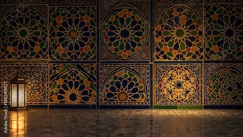 Moroccan Lantern Illuminating Intricate Islamic Geometric Mosaic Tiles with Warm Light