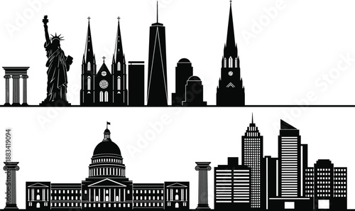United States city skyline silhouettes featuring iconic landmarks monuments and modern skyscrapers isolated on white background vector illustration collection