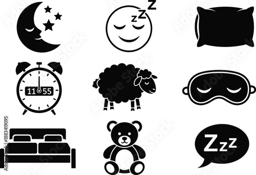 Sleep and bedtime icon set featuring moon alarm clock bed pillow sheep teddy isolated on white background vector illustration