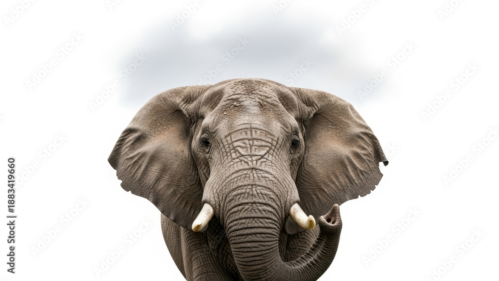 Fototapeta premium Close-up portrait of an elephant with tusks against a cloudy sky background