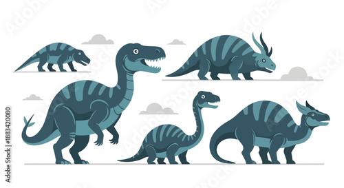 This artwork presents a stylized dinosaur illustration set featuring friendly and simplified prehistoric characters with soft shapes and modern colors. The design is suitable for children content, edu