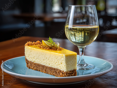 Lemon cheesecake and white wine pairing on wooden table