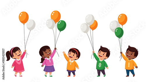 Illustration of diverse children holding colorful balloons in orange, white, and green hues celebrating Republic Day in India.
