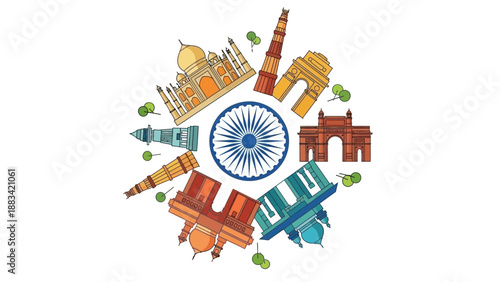 Illustration of Indian landmarks and flag on Republic Day, with colorful buildings and monuments arranged around the national flag in a circular pattern against a white background.