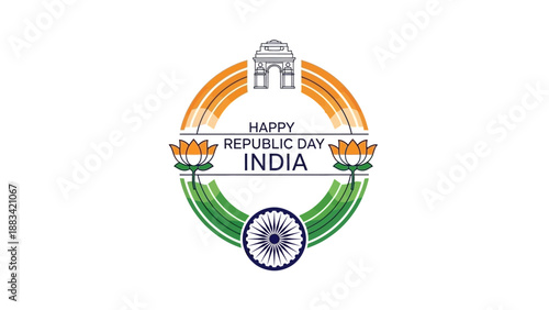 Illustration of Happy Republic Day India with a flag design and characters on a colorful background.