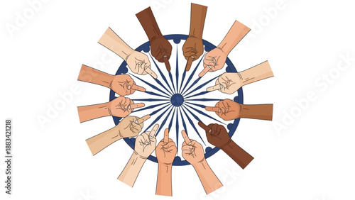 Illustration of diverse people joining hands in a circle with a blue and white starburst design on Republic Day in India.