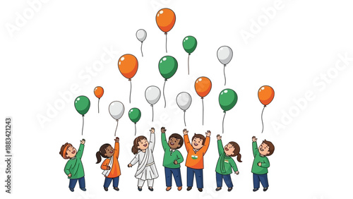 Illustration of diverse people holding orange, green, and white balloons on Republic Day in India, conveying a joyful and celebratory mood.