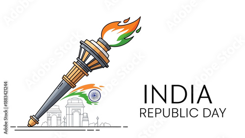 Illustration of a torch with flames in orange, green, and blue, symbolizing India Republic Day, with a building silhouette and flag elements on a white background.