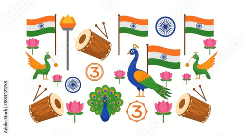 Illustration of Indian Republic Day celebration with a peacock, flags, drums, flowers, and symbolic characters on a white background.