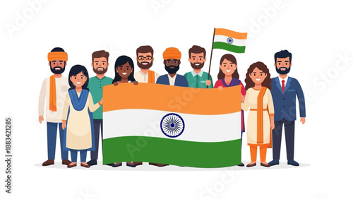 Illustration of a diverse group of people holding the Indian flag on Republic Day with a patriotic theme.
