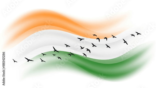 Illustration of a flock of birds flying over a waving Indian flag on Republic Day with a patriotic mood and vibrant colors.
