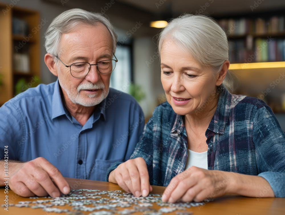 Fototapeta premium Senior couple solving jigsaw puzzle for cognitive health