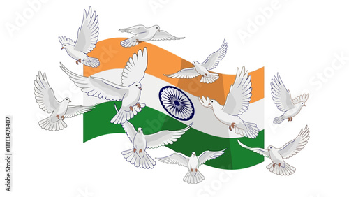 Illustration of white doves flying around the Indian flag on Republic Day, symbolizing peace and freedom, with a vibrant orange, white, and green color scheme.