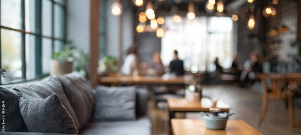 Fototapeta premium The Sofa in a Cozy Modern Cafe with Warm Lighting and Blurred Background