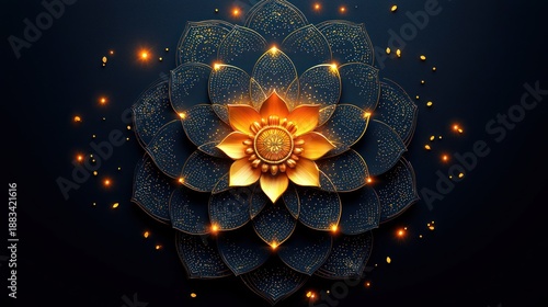 Golden lotus mandala, dark background, festive design, holiday greeting card
