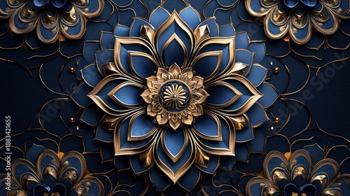 Blue and gold ornate floral pattern, decorative wall art, luxury background, design element