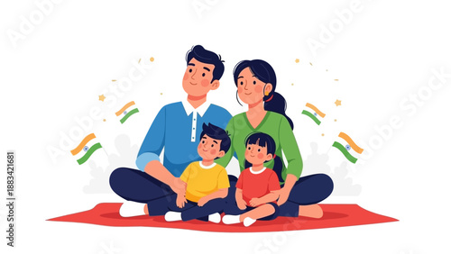 Illustration of a happy Indian family with two children sitting on a red mat celebrating Republic Day with flying Indian flags.