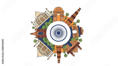 Illustration of Indian landmarks and flag on Republic Day, showcasing cultural symbols and architecture in a vibrant, celebratory scene.