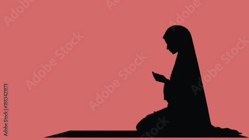 Muslim woman sitting in prayer silhouette, Ramadan worship and Islamic lifestyle vector illustration
