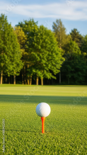 Golf ball on tee in a lush green field
