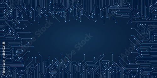 High tech interface featuring blue circuitry network and glowing data connection lines. AI circuit board futuristic background template highlights smart engineering and digital system communication
