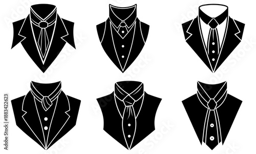 Six black and white formal suit and tie silhouettes with different styles on white background