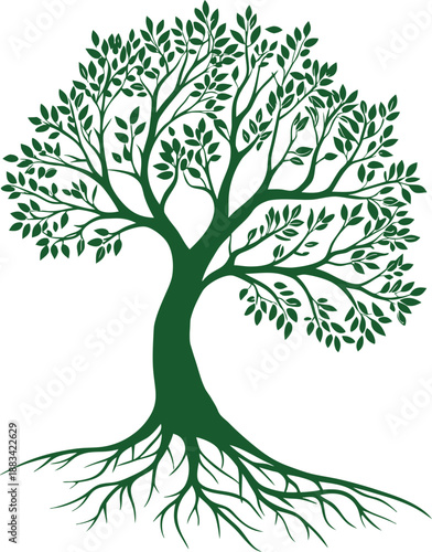 Green tree of life illustration with detailed leaves and visible roots on a white background. Symbolic nature artwork representing growth, balance, strength, and connection between earth and sky. Idea