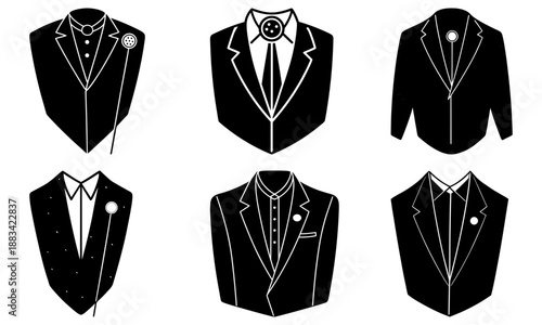 Six Black and White Suit Silhouettes with Different Accessories on White Background