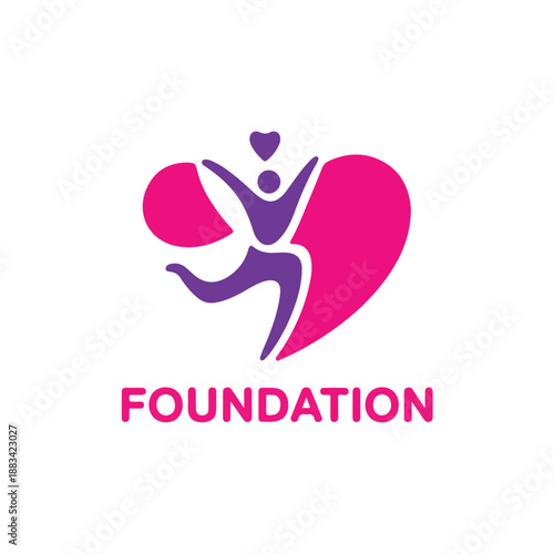 A heart-shaped logo design featuring a stylized human figure with outstretched arms, symbolizing health and wellness. The vibrant pink and purple colors evoke a sense of joy and vitality