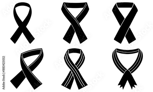 Six Black Awareness Ribbons with White Borders on White Background black ribbon six ribbons
