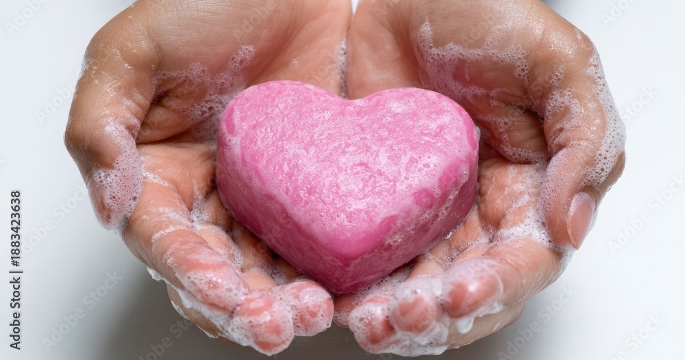 Fototapeta premium The Heart-Shaped Soap Cradled in Soapy Hands Symbolizing Love Care and Cleanliness