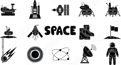 A detailed collection of space exploration icons including a rocket, astronaut, and satellite