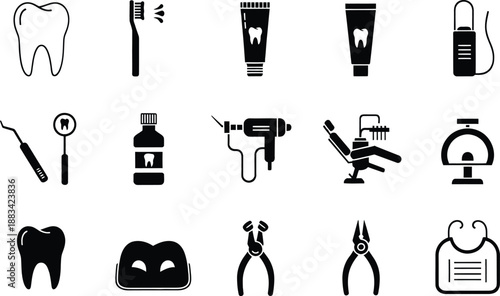 A set of black and white icons showing essential tools and items for dental care