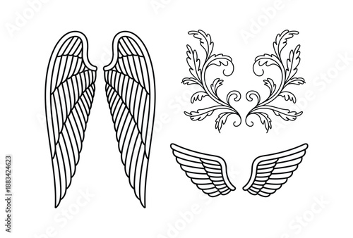 Outline wings and decorative floral elements vector illustration set on white background