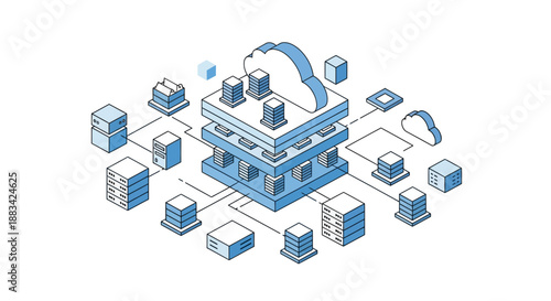 Isometric illustration of a data center with servers and cloud storage, showcasing digital infrastructure and technology, viewed from above in a futuristic setting