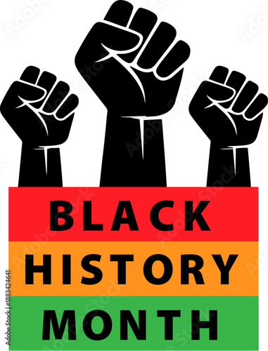 Black History Month awareness banner with raised fists and Pan-African flag colors for social justice and equality campaigns