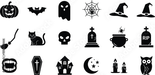 A collection of black silhouette halloween icons including pumpkin, bat, ghost, and more.