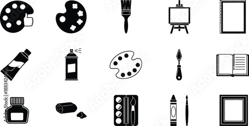 A collection of black and white icons representing various art supplies and drawing tools