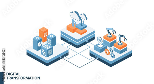 Robotic arms handling boxes on platforms, illustrating the process of digital transformation in industrial automation from a top-down viewpoint.