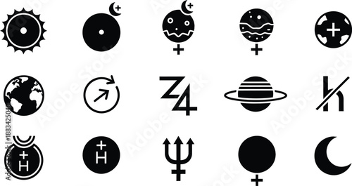 A collection of astrological and astronomical symbols for planets and celestial bodies.