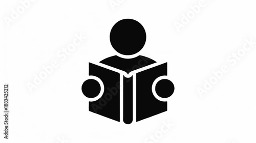 Minimalist vector icon of a person engrossed in reading an open book, symbolizing education, continuous learning, and intellectual development in a simple graphic design.
