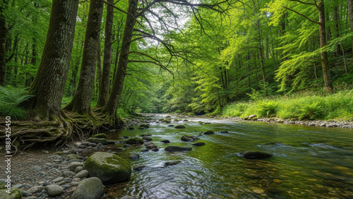 Lush Forest Scene with Clear Stream Flowing Through Rocks