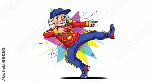 Modern Nutcracker Character Illustration in a Dynamic Dance Pose with Abstract Background