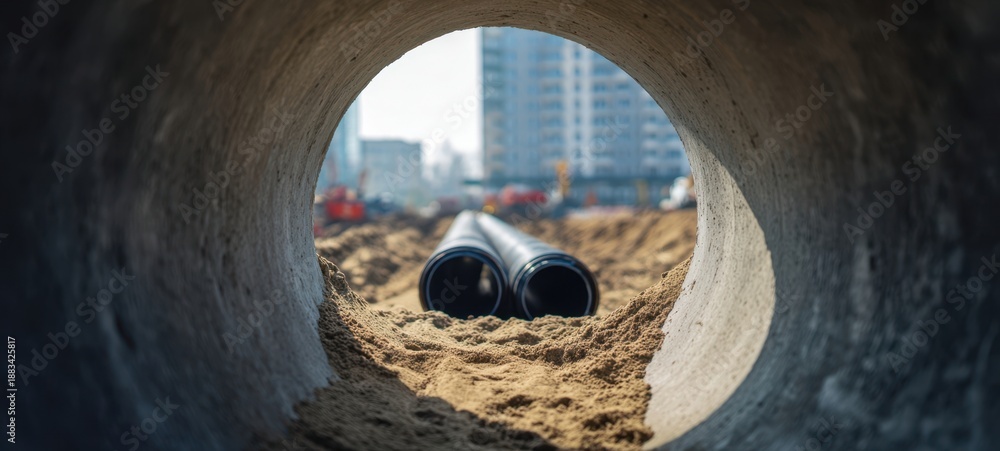 Fototapeta premium The Concrete Pipe Framing Two Black Utility Pipes at Urban Construction Site
