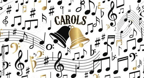 Vintage Christmas Carols Sheet Music Background with Musical Notes and Golden Bells