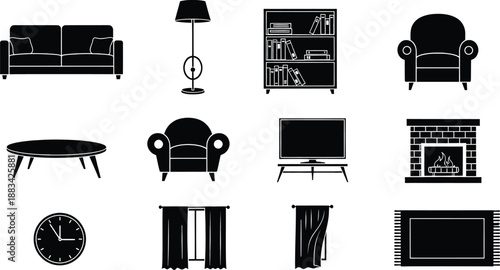 A collection of black silhouette icons representing various items of living room furniture