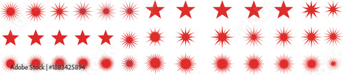 Red star and sunburst badge icon set. Flat vector collection for rating labels, award seals, sale stickers, promotion tags and marketing design.