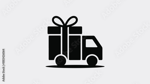 A minimalist black and white icon representing a delivery truck carrying a gift, symbolizing logistics and shipping services