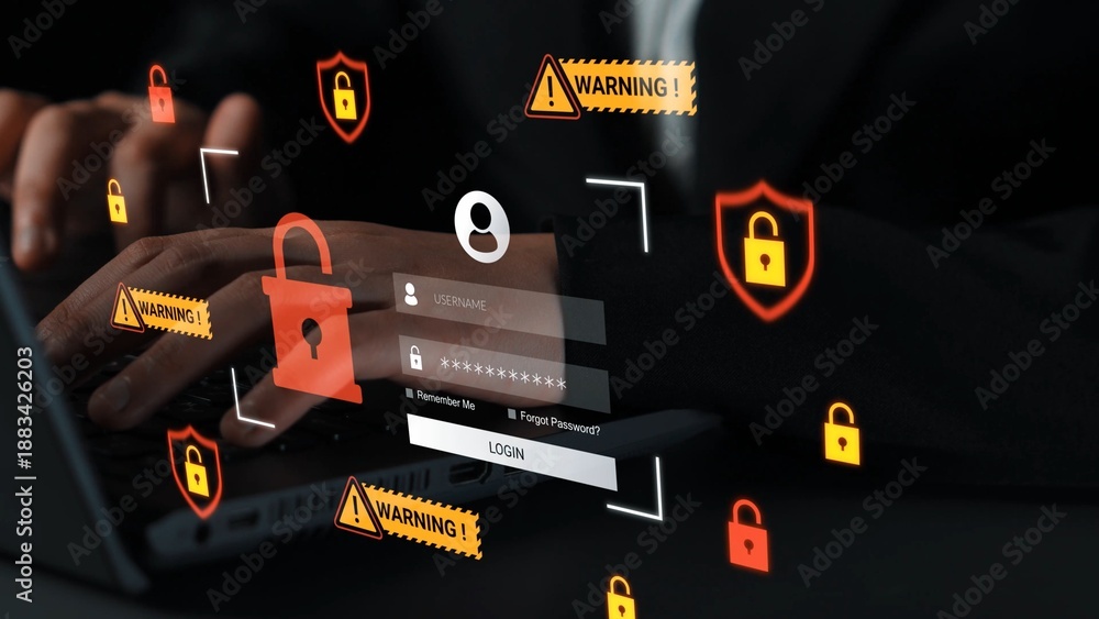 Obraz premium User engaging in online login process with security icons and warning messages highlighting cybersecurity threats and safety measures for digital access Gluon.