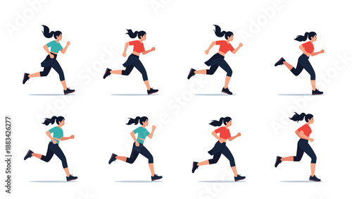 Sequential illustration of a young woman in athletic wear demonstrating the different stages of a running gait cycle.
